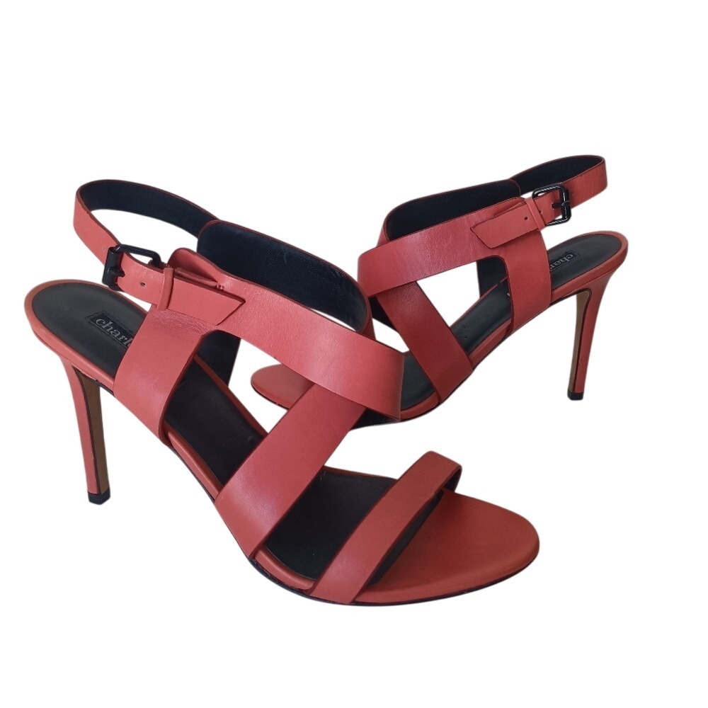 Charles David Stiletto Sandals Women 8.5 Coral Pink Leather Strappy Buckle CC005